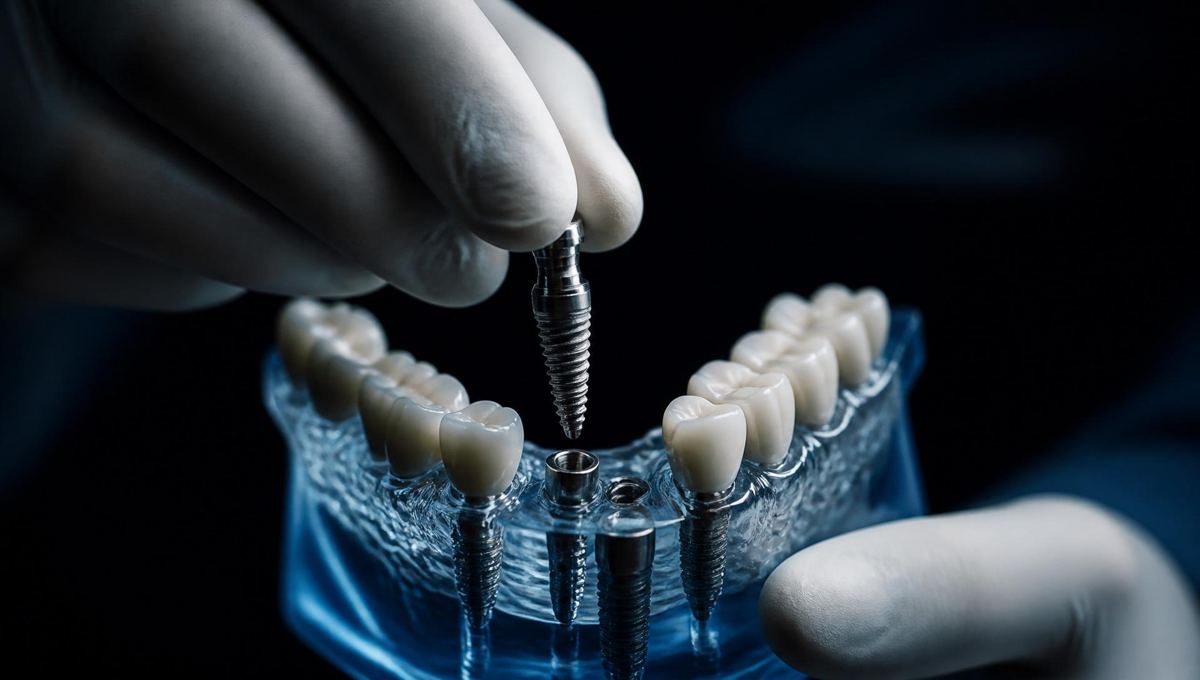 Implante dentário de titânio em modelo de mandíbula
